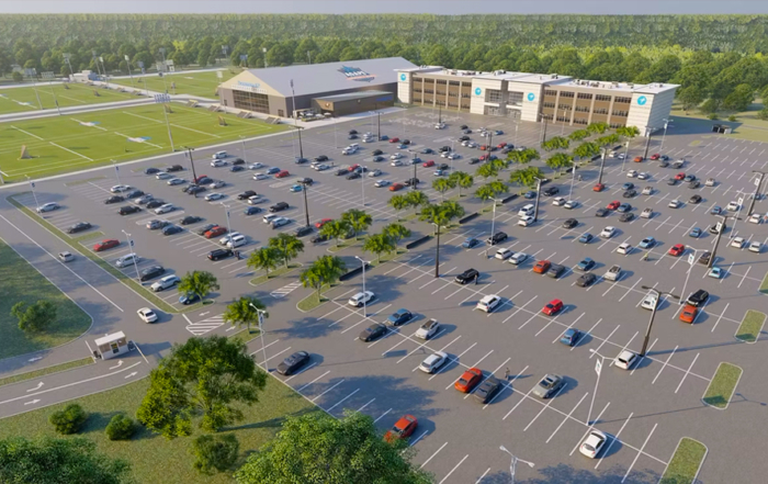 3D rendering of aerial view of Destination KP mixed-use project showing parking lot, office buildings, indoor and outdoor sports areas